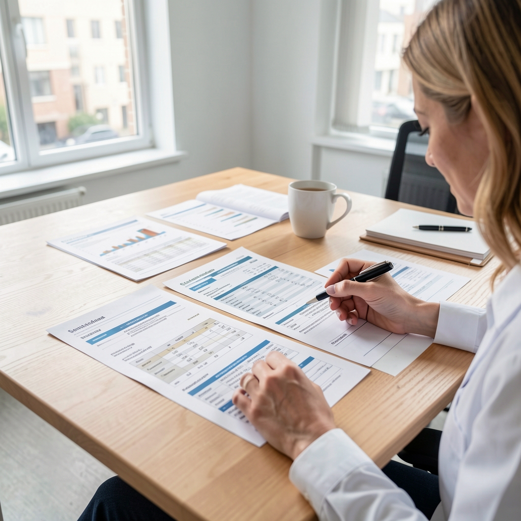 Nutritional specialist at a work desk reviewing printed macronutrient charts and composition data sheets in a clean minimalist office environment