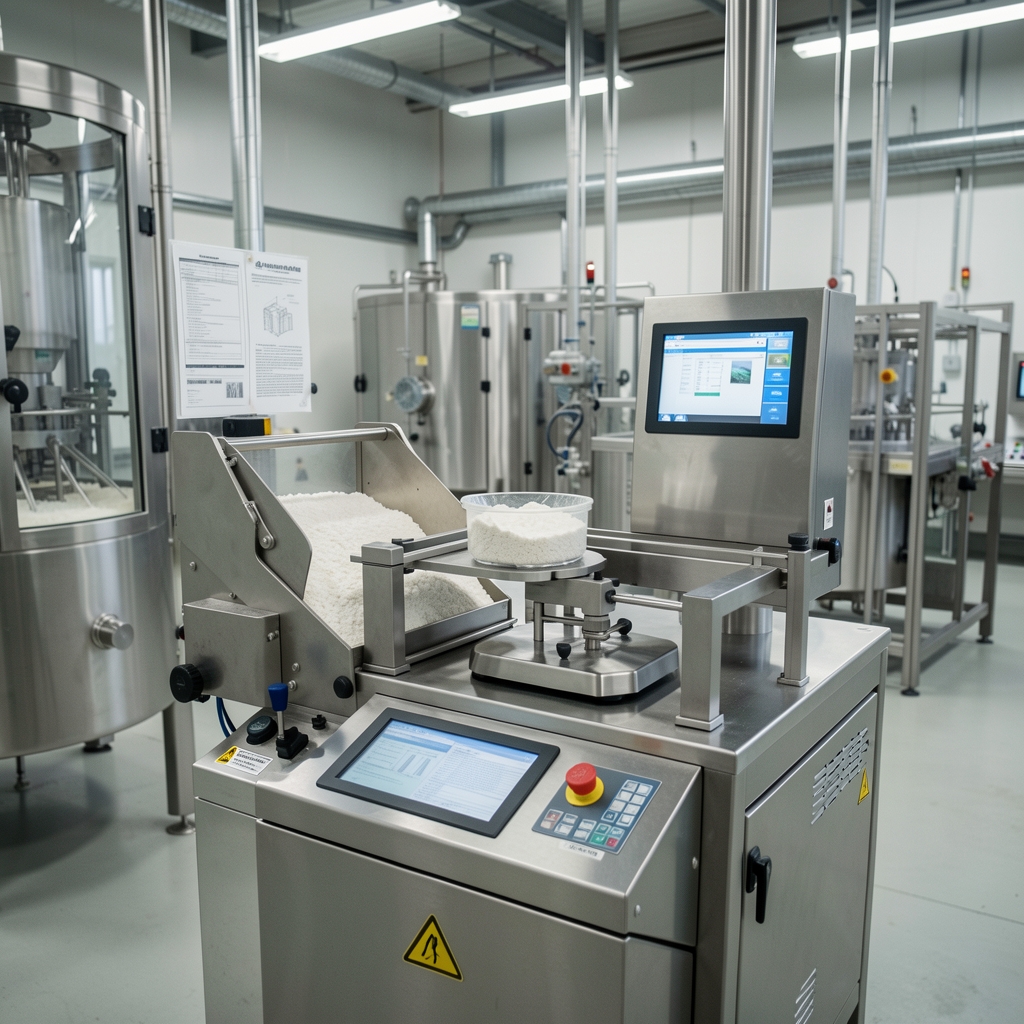 Mineral ingredient sorting and weighing station in a food-grade processing facility under controlled conditions with documentation visible
