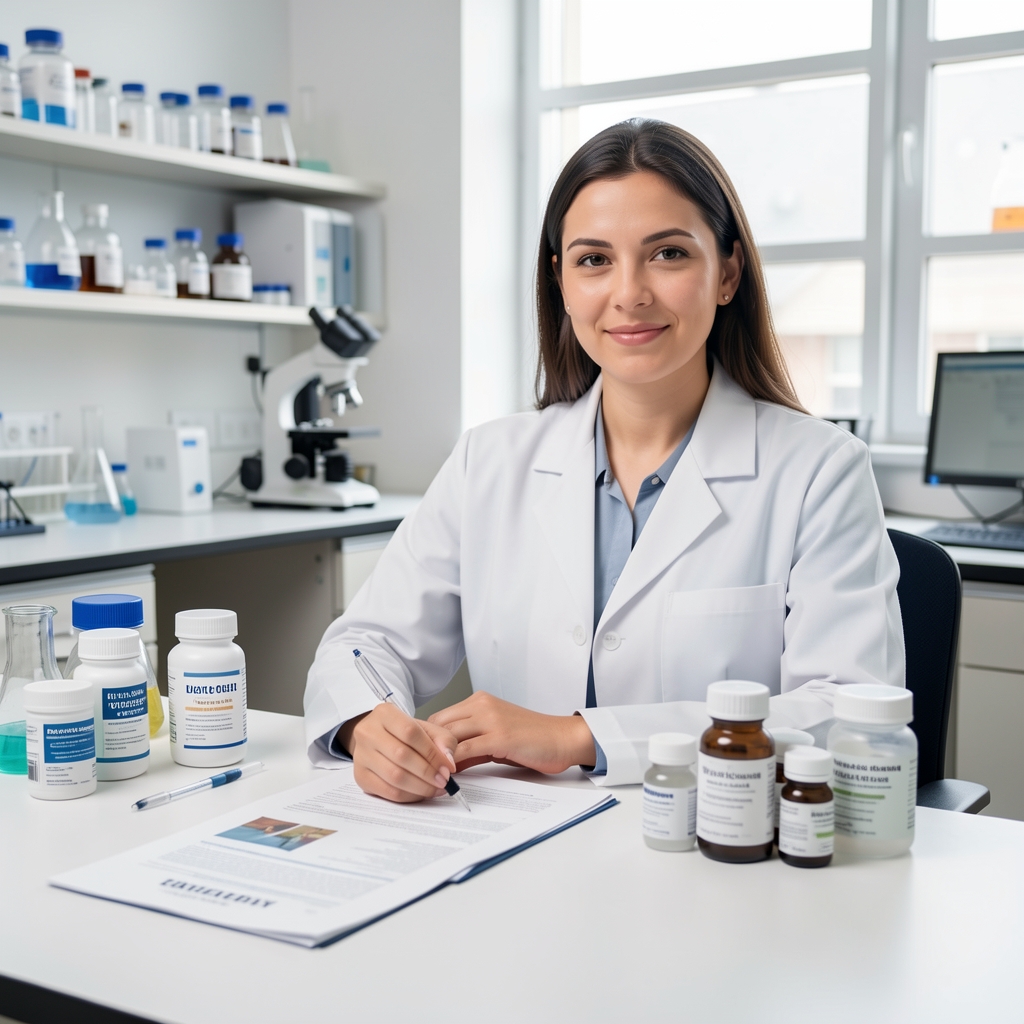 Female nutritional research analyst sitting at a laboratory desk with composition reports and ingredient reference materials in a bright workspace under studio lighting