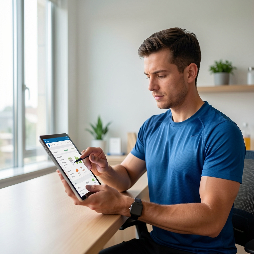 Male sports nutritionist and dietary consultant reviewing meal composition data on a tablet in a clean modern workspace with natural light