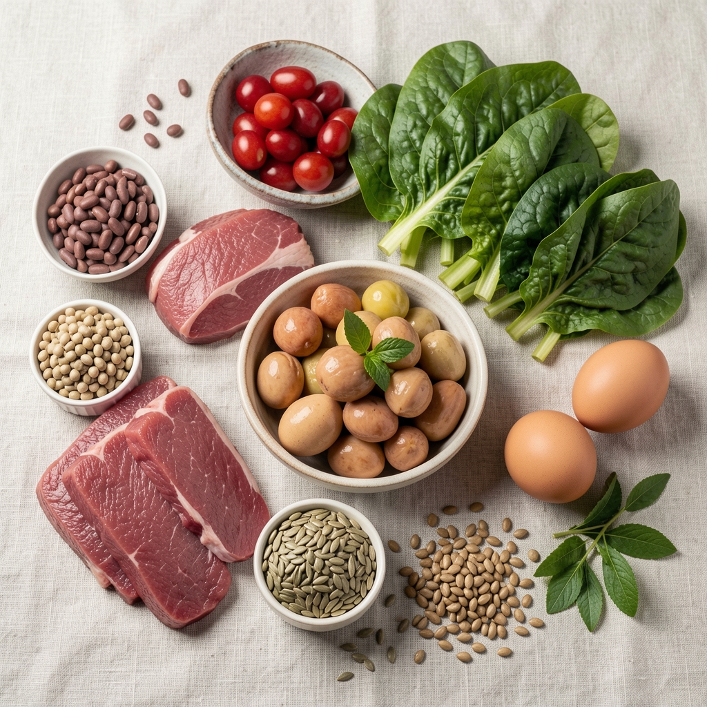Variety of fresh whole foods — lean meats, legumes, leafy greens, eggs and seeds arranged on a light linen surface representing balanced male nutrition