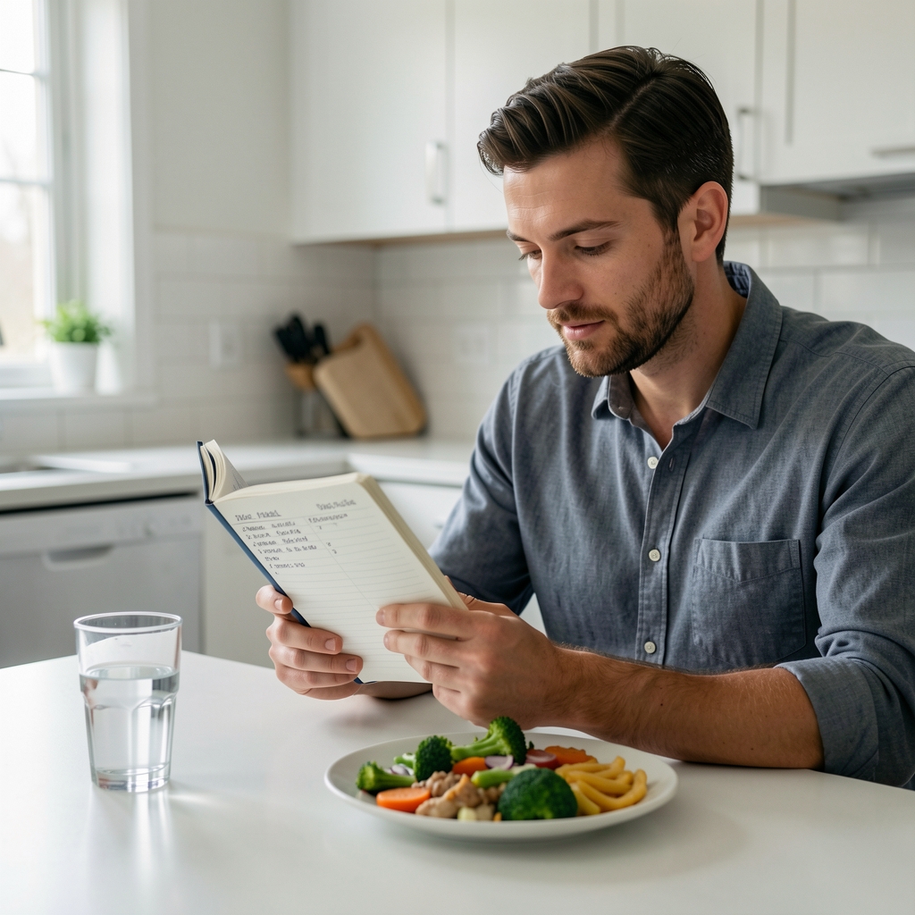 Man in his 30s reviewing a structured meal plan notebook beside a glass of water and a plate of prepared nutritious food on a clean kitchen table