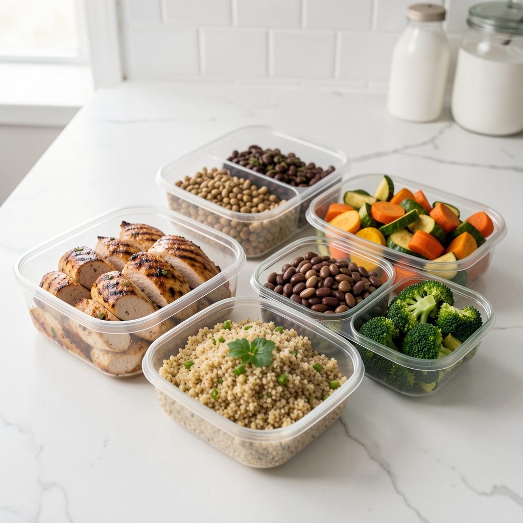 Structured weekly meal prep layout with portioned containers of grilled chicken, quinoa, roasted vegetables and legumes on a kitchen counter under bright studio lighting