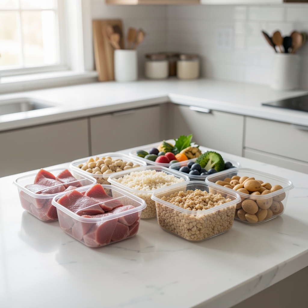 Balanced macronutrient meal prep containers with lean proteins, complex carbohydrates and healthy fats portioned for the week on a clean kitchen counter