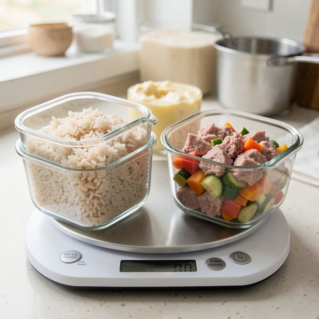 Calorie-tracked meal prep for the week — glass containers with weighed portions of brown rice, lean turkey mince and mixed vegetables on a kitchen scale