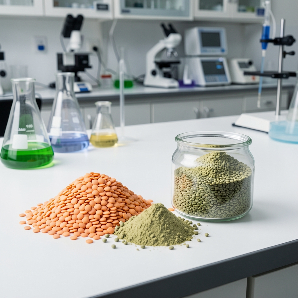 Plant protein extract powder beside legume source materials including lentils, peas and hemp seeds on a white laboratory bench in a quality-control environment
